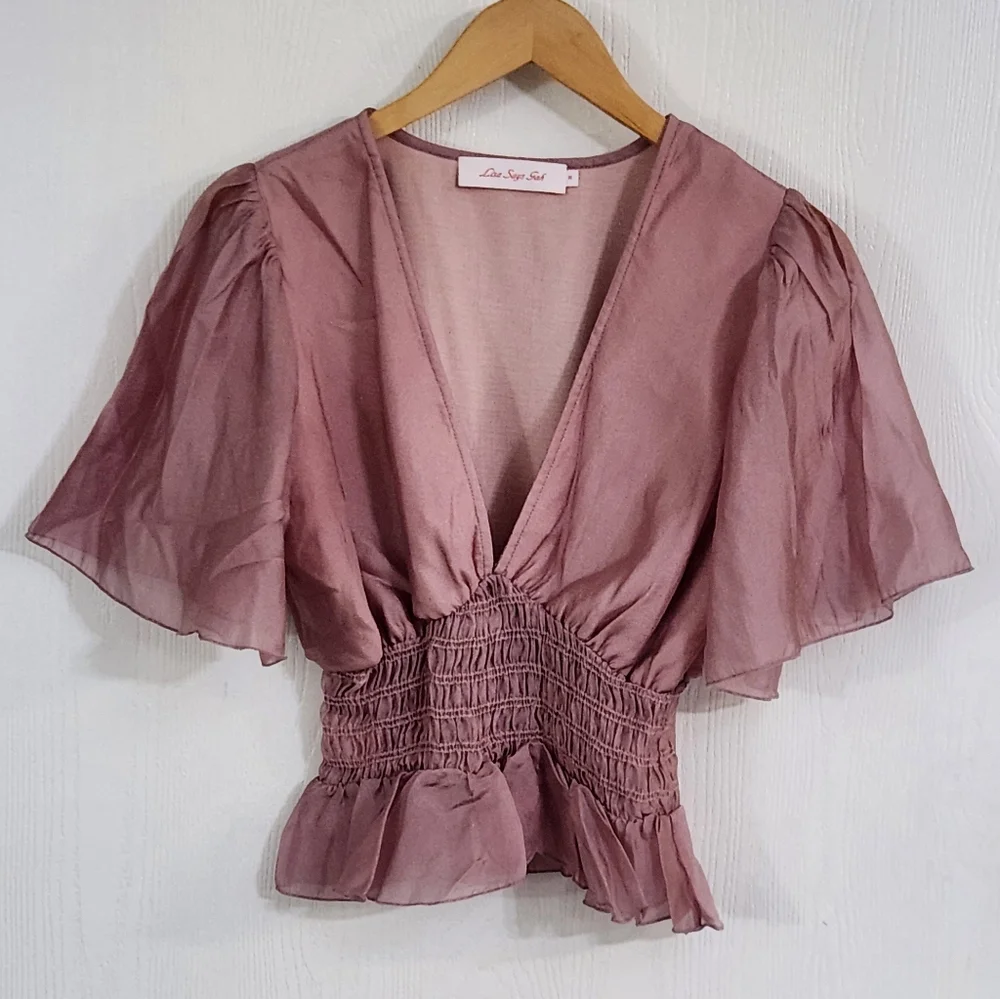 Lisa Says Gah Dusty Pink Smocked Peplum V-Neck Blouse - Picture 3 of 9